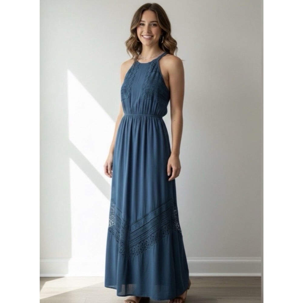 Altar'd State Mala Halter Maxi Dress M Teal Blue Crochet Lace Boho Sun Dress